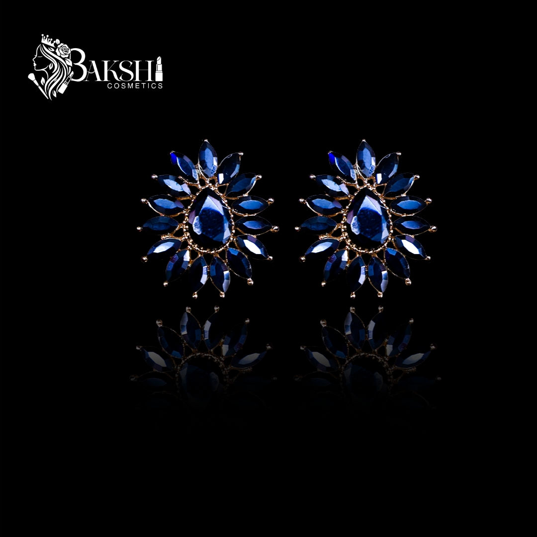 Midnight Navy American Diamond Floral Drop Earrings