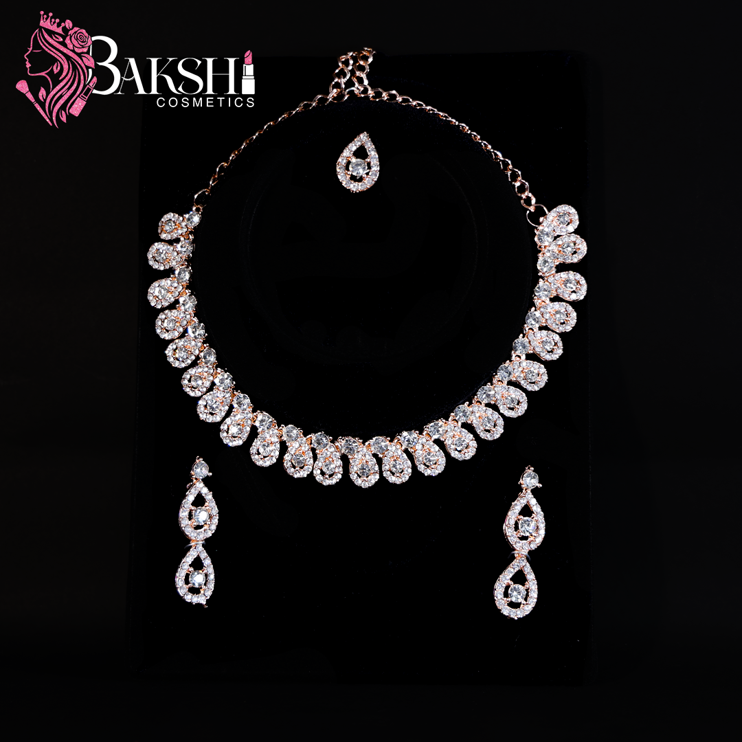 Teardrop Elegance American Diamond Necklace Set with Earrings & Tikka