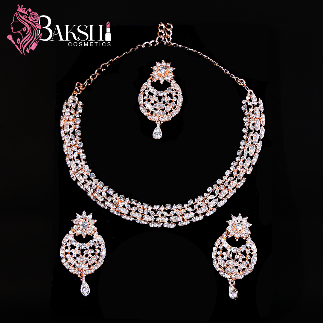 Regal Layered American Diamond Bridal Necklace Set with Earrings & Maang Tikka