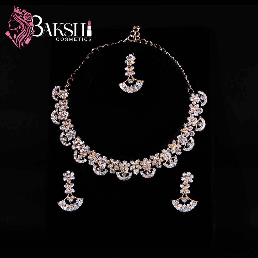 Floral Crescent American Diamond Necklace Set with Earrings & Maang Tikka