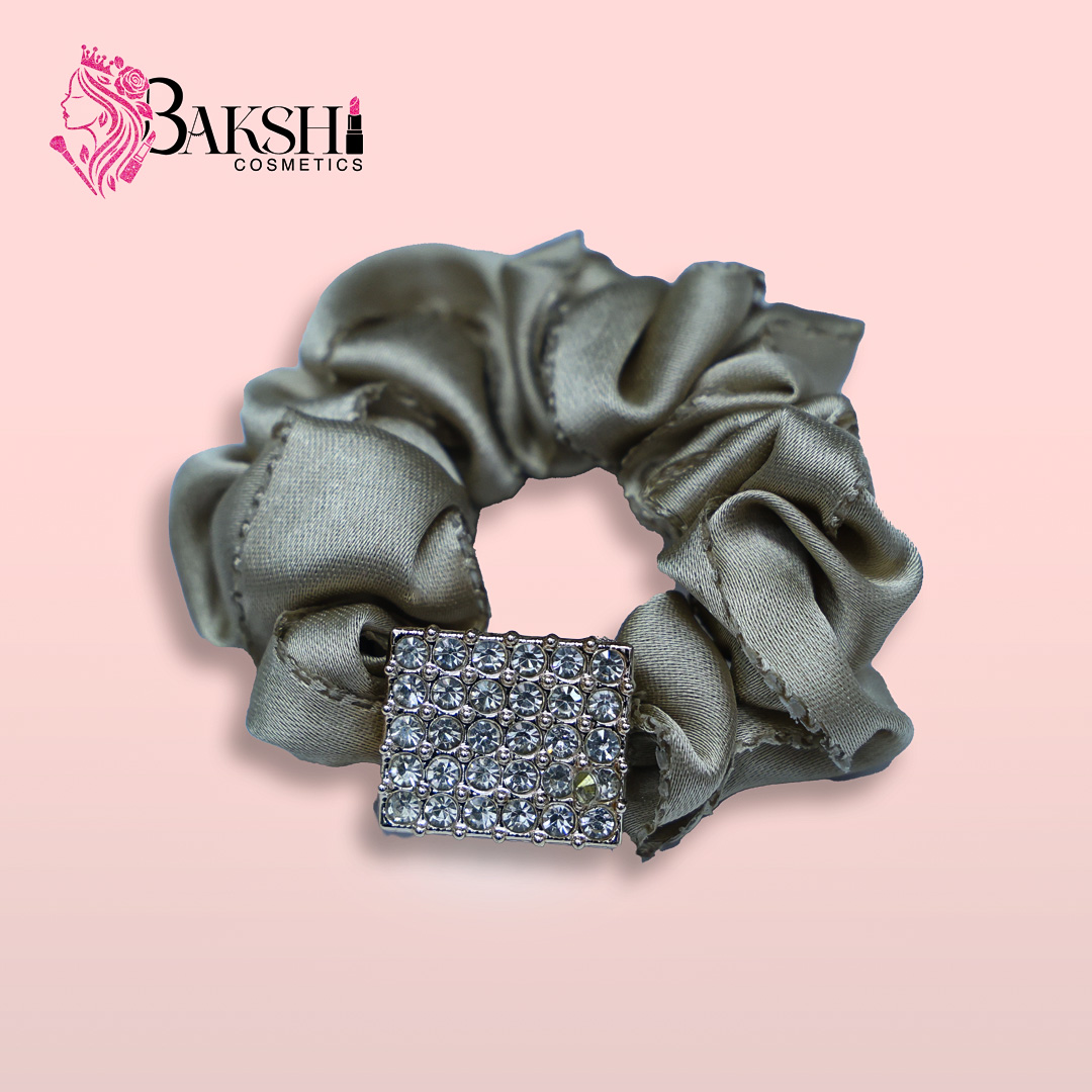 Luxe Satin Scrunchie with Crystal-Encrusted Buckle – Champagne Gold