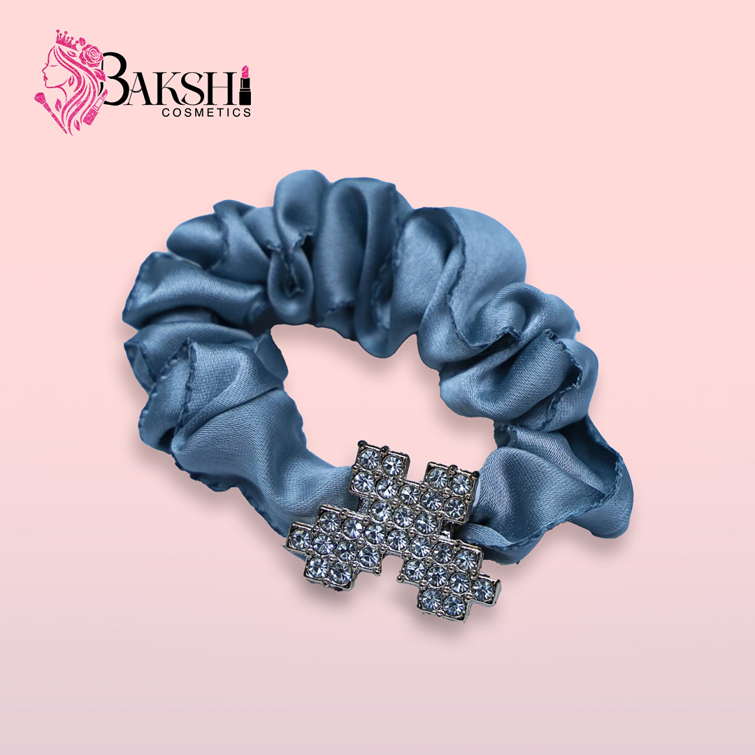 Luxe Satin Scrunchie with Crystal-Encrusted Buckle – Champagne Blue