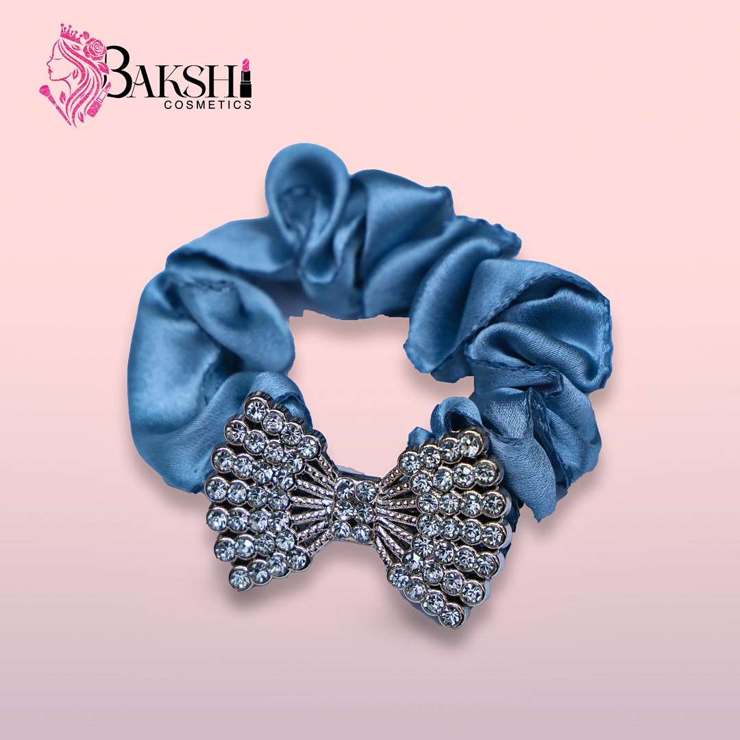 Luxe Satin Scrunchie with Crystal-Encrusted Buckle – Champagne Blue