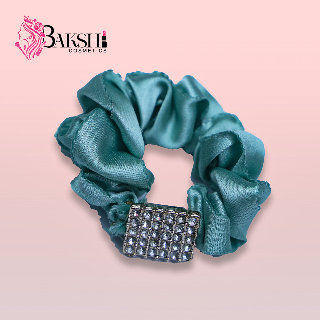 Luxe Satin Scrunchie with Crystal-Encrusted Buckle – Champagne Green