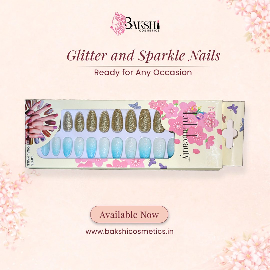 Gold Glitter & Ombre Blue Sparkle-On Nails – 24 Pcs Professional Salon Finish Set