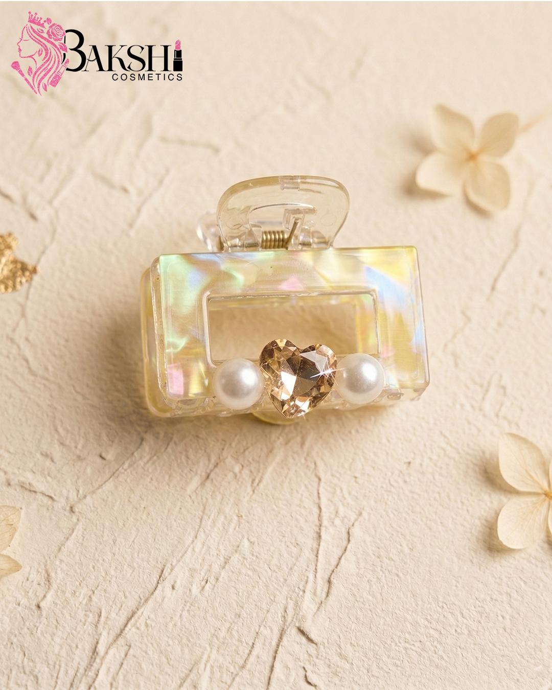 Iridescent Heart & Pearl Square Hair Claw – Aurora White