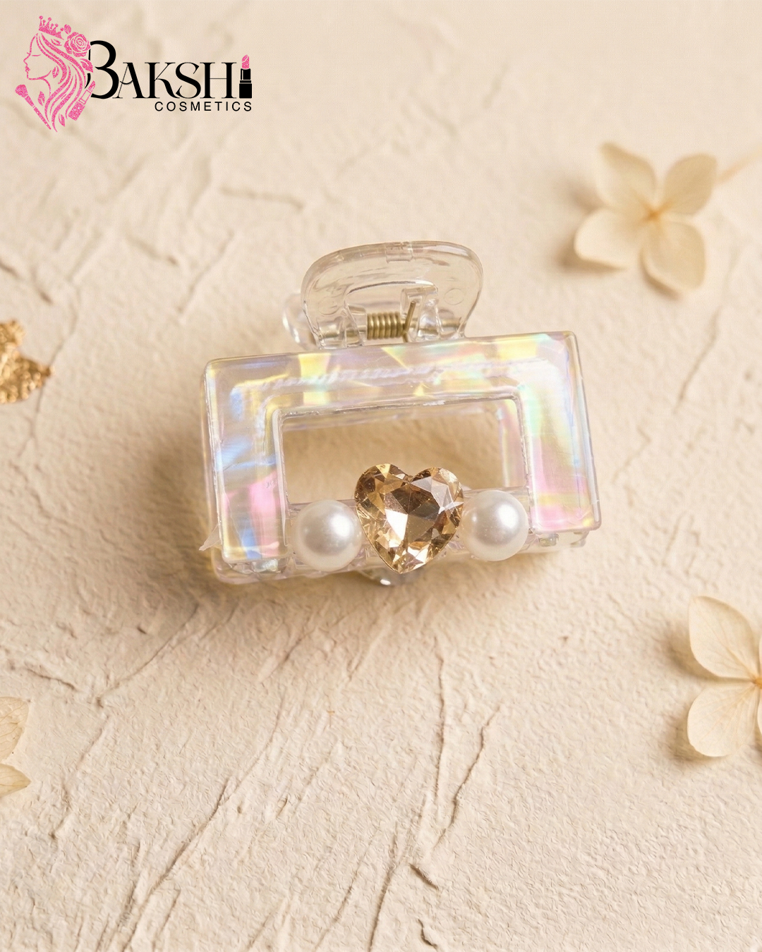 Iridescent Heart & Pearl Square Hair Claw – Champagne Glow