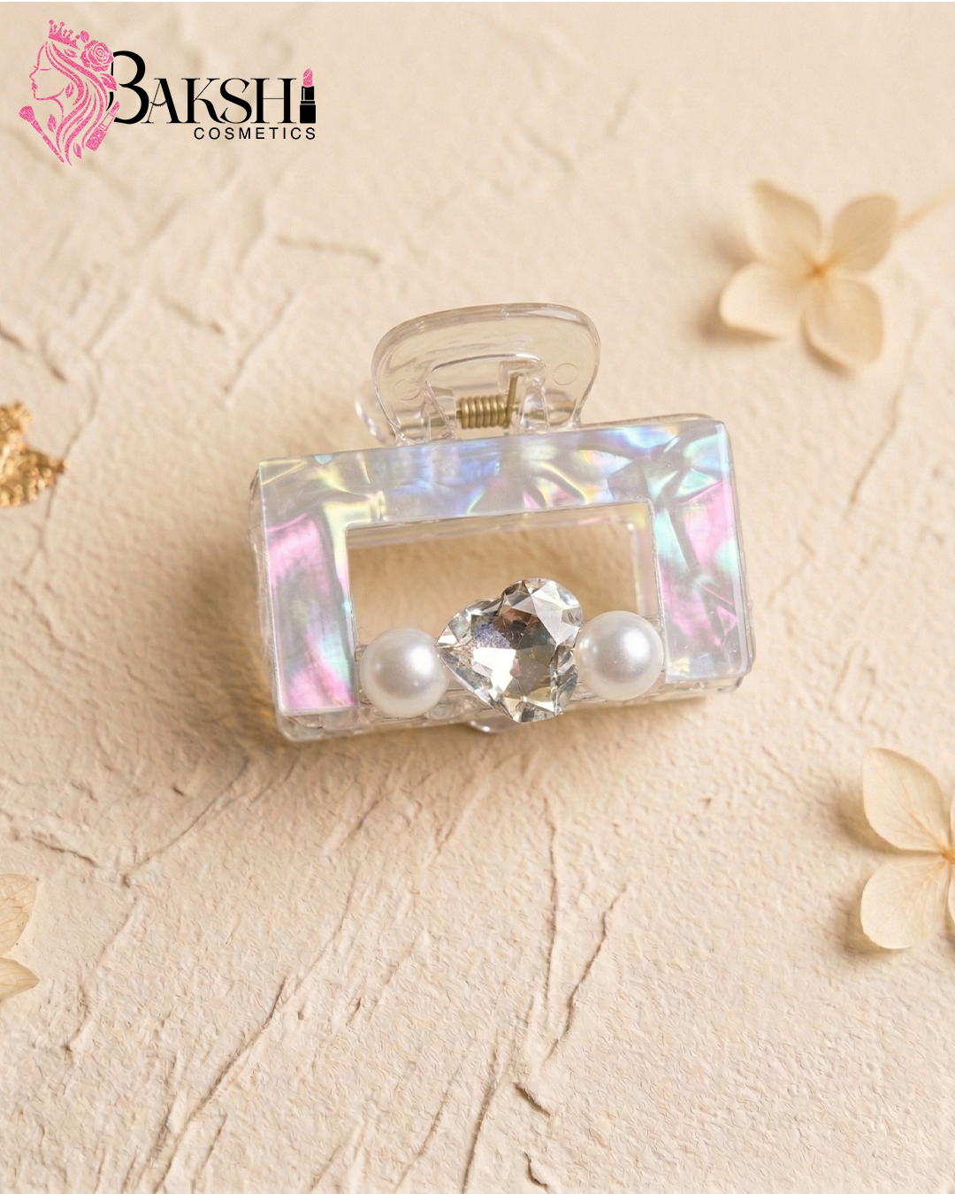 Iridescent Heart & Pearl Square Hair Claw – Lavender Prism