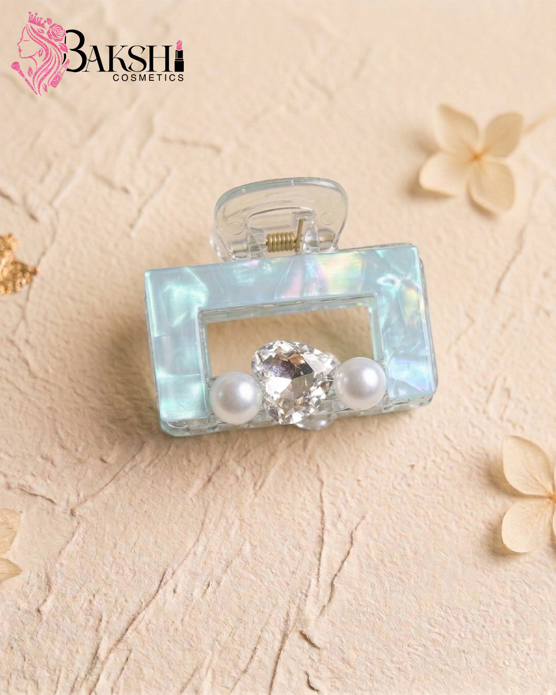Iridescent Heart & Pearl Square Hair Claw – Moonlight Blue