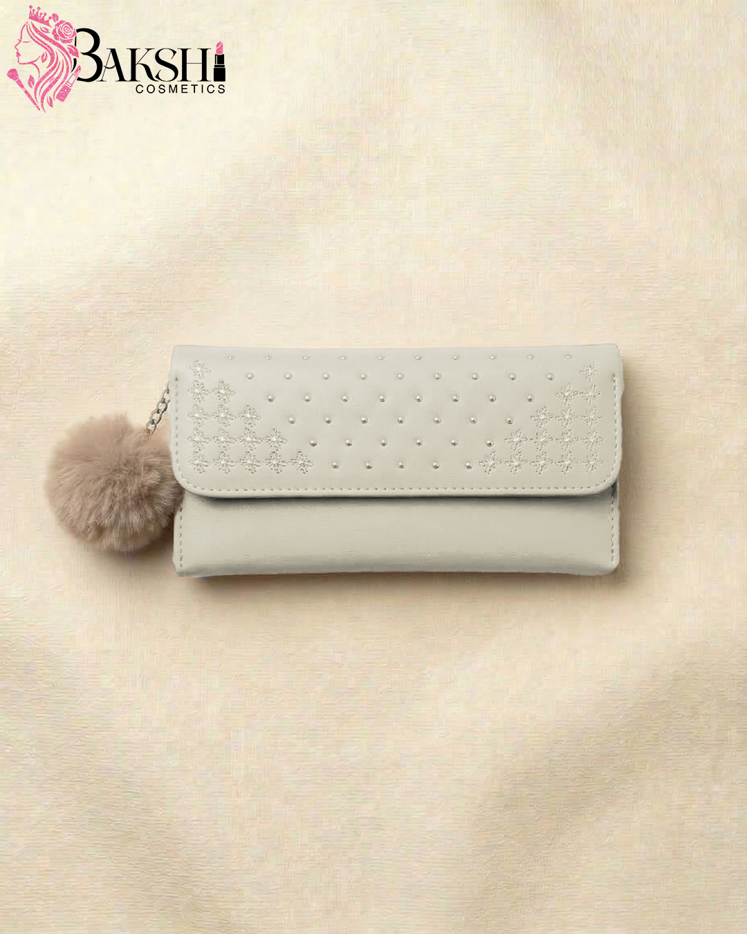 Grey Pom-Pom Studded Wallet