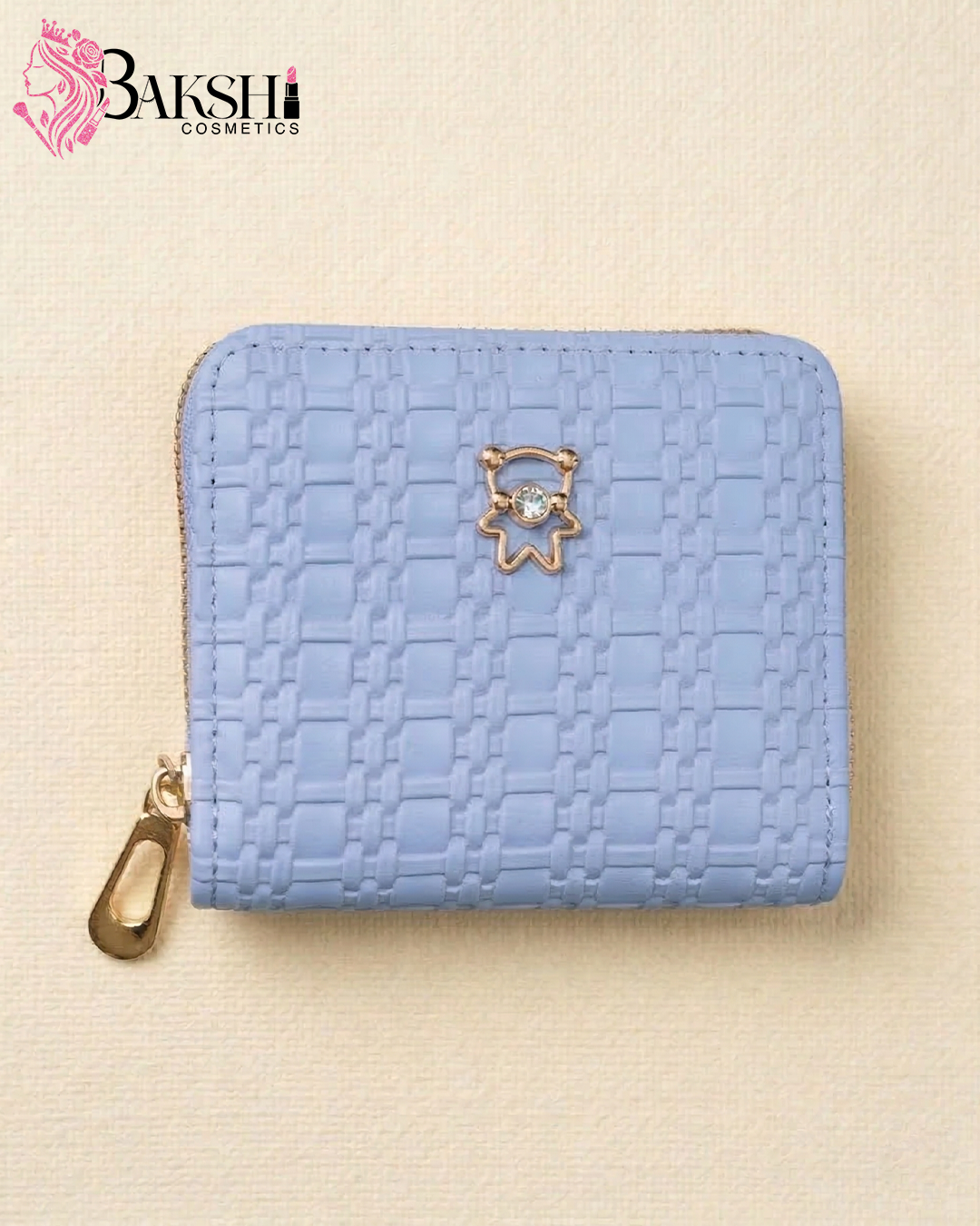 Blue Weave-Textured Zip-Around Mini Wallet with Gold Bear Charm