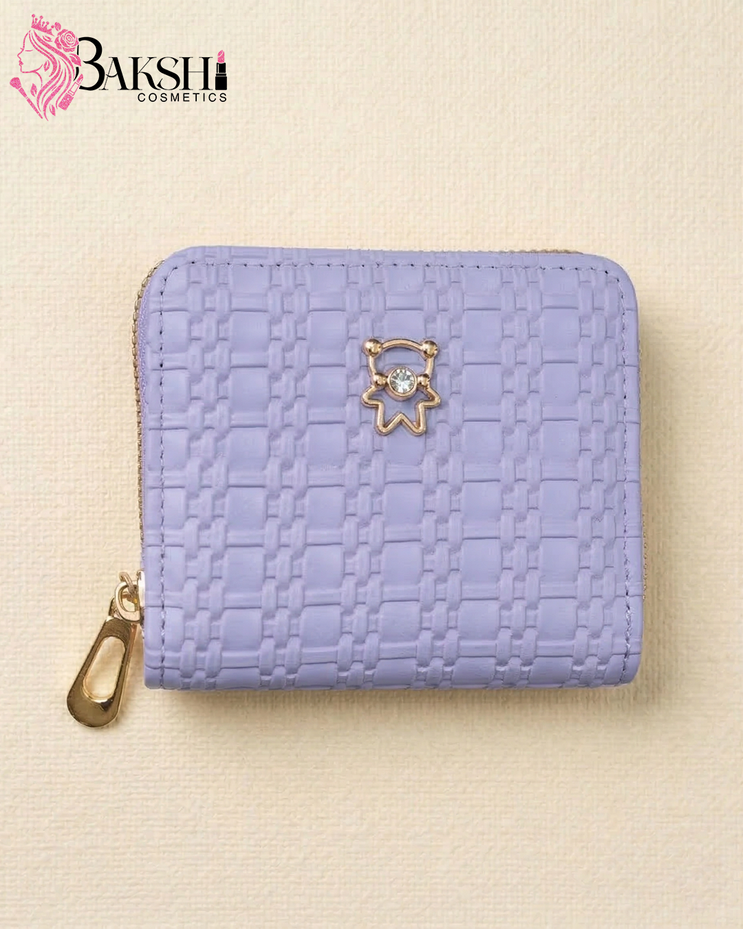 Purple Weave-Textured Zip-Around Mini Wallet with Gold Bear Charm