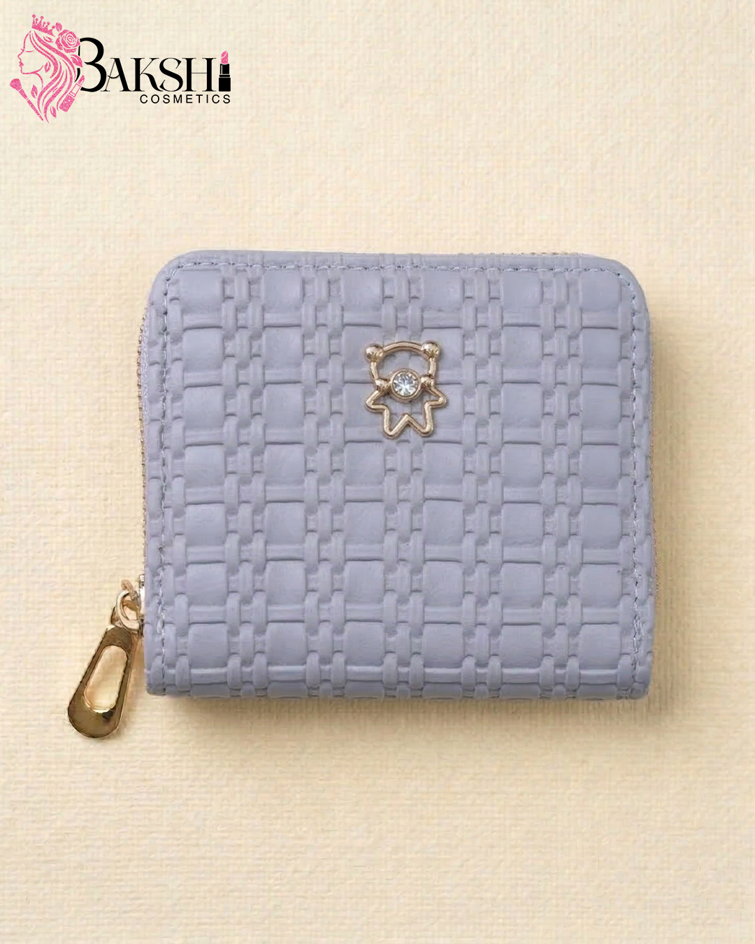 Weave-Textured Zip-Around Mini Wallet with Gold Bear Charm