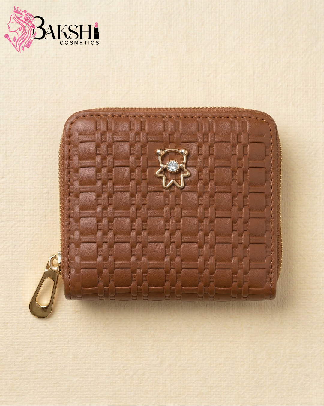 Brown Weave-Textured Zip-Around Mini Wallet with Gold Bear Charm