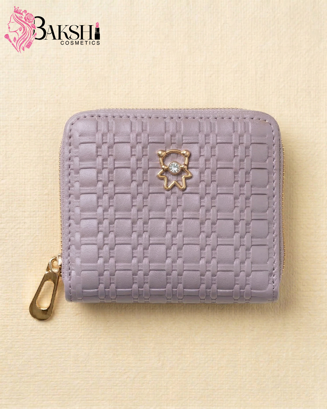 Lavender Weave-Textured Zip-Around Mini Wallet with Gold Bear Charm