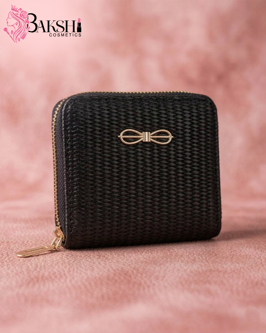 Onyx Woven-Texture Compact Wallet with Gold Bow Accent