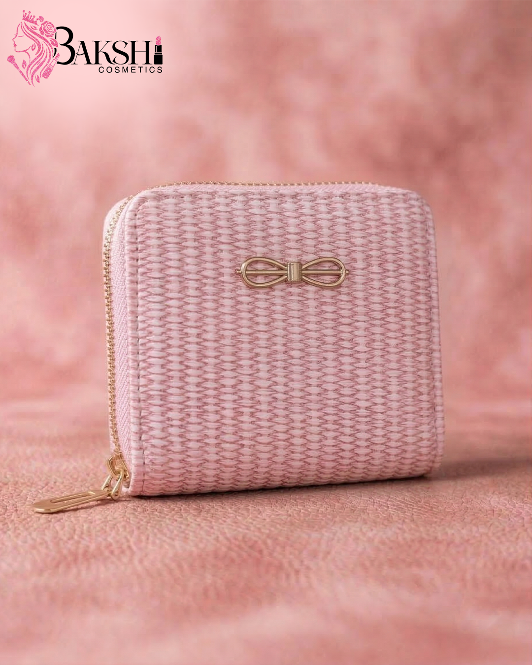 Onyx Woven-Texture Compact Wallet with Gold Bow Accent (Pink)