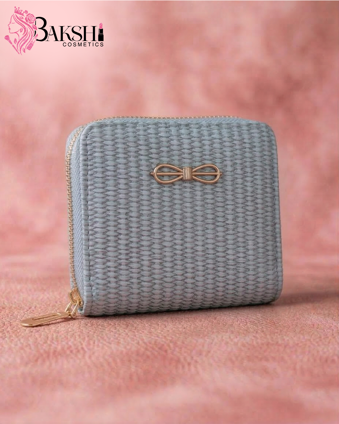 Onyx Woven-Texture Compact Wallet with Gold Bow Accent (Blue)