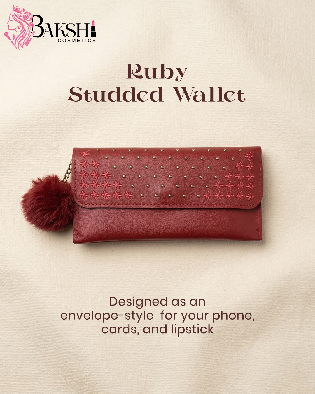 Cherry Red Pom-Pom Studded Wallet