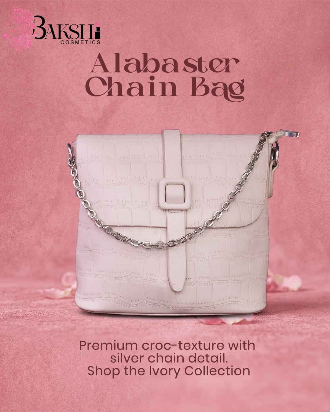 Alabaster White Croc-Texture Chain Bag