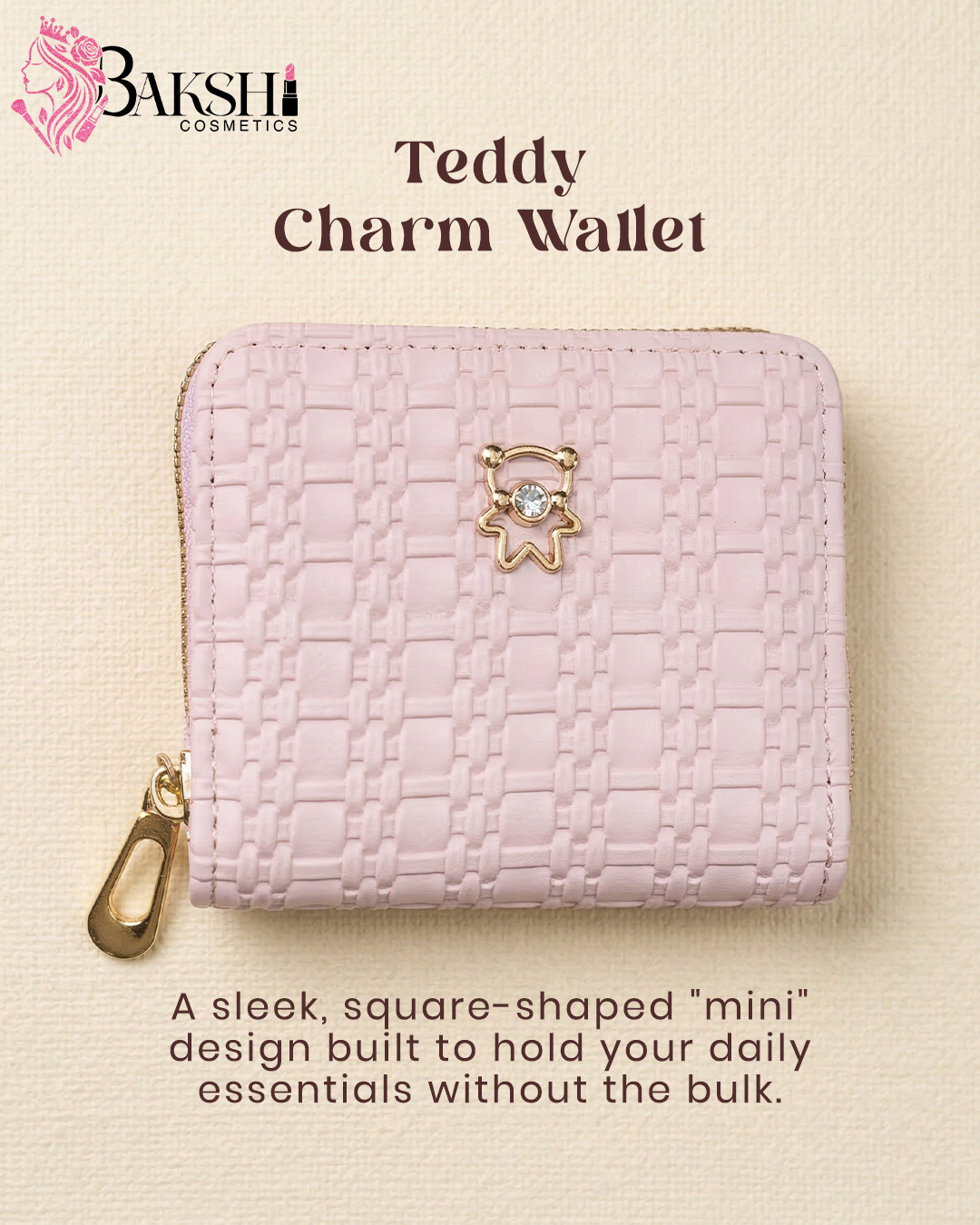 Pink Weave-Textured Zip-Around Mini Wallet with Gold Bear Charm