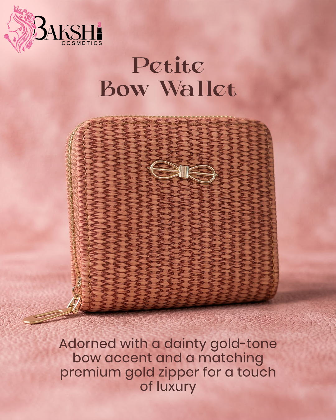 Onyx Woven-Texture Compact Wallet with Gold Bow Accent (Brown)