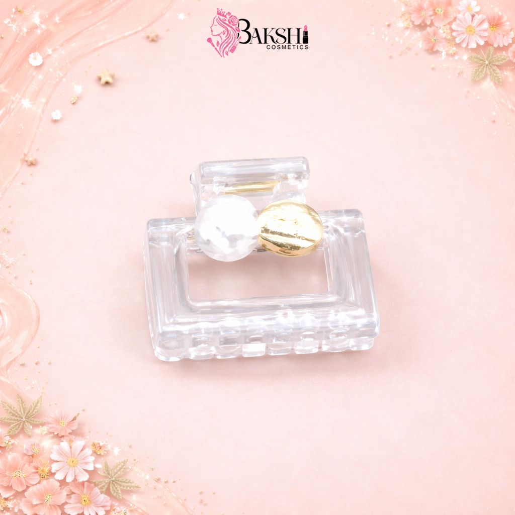 Modern Square Crystal Claw Clip with Pearl & Gold Coin Accent