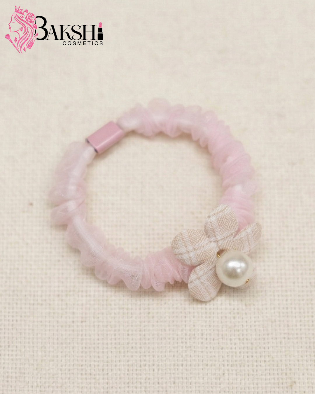 Lilac Plaid Flower Scrunchie-Pink