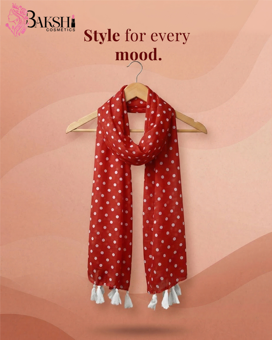 Ruby Red Polka Dot Stole with White Tassels
