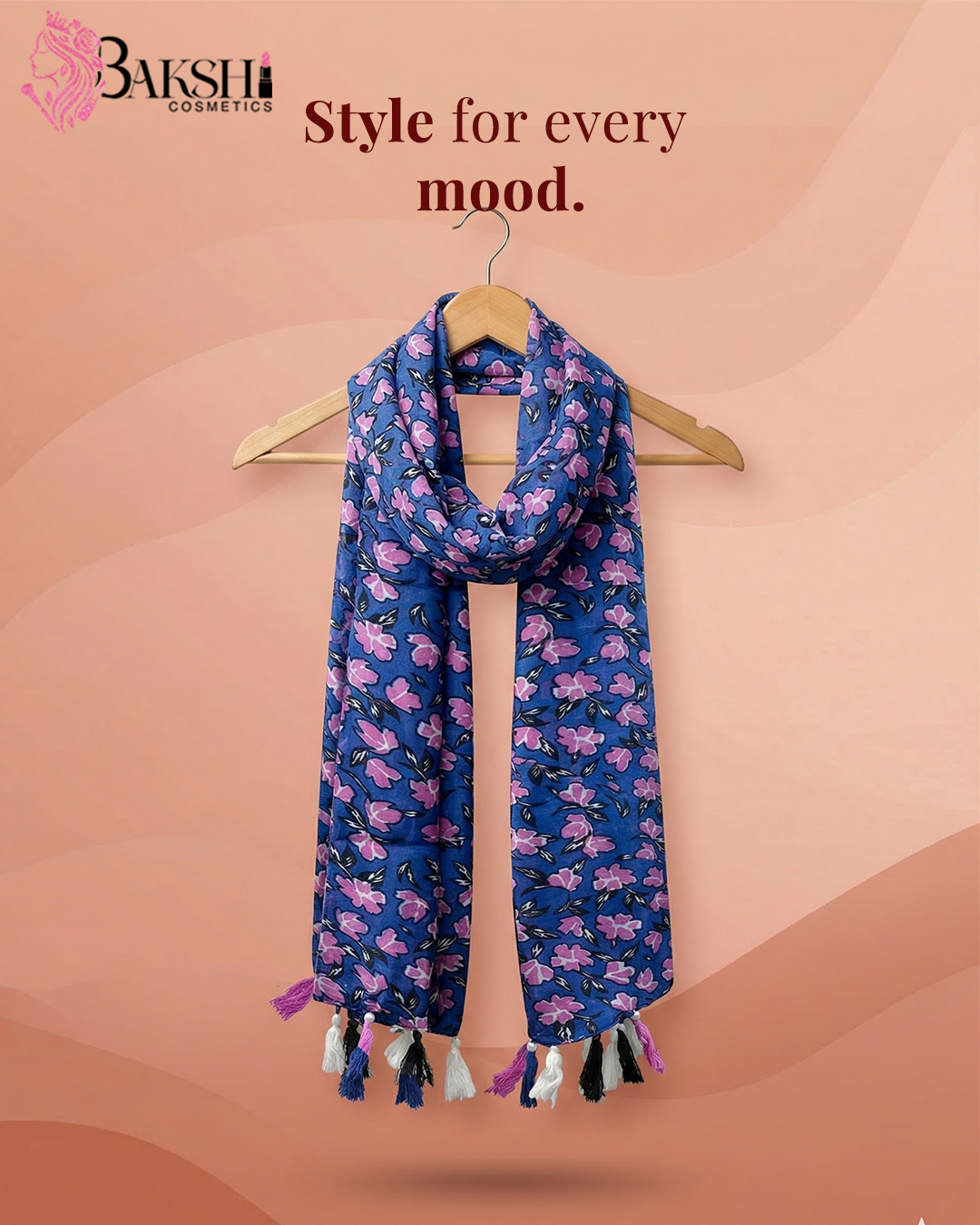 Royal Blue Floral Bloom Stole with Multicolor Tassels